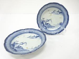 古伊万里　染付　山水　輪花鉢　2客